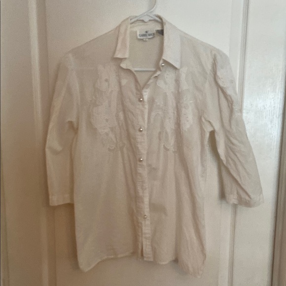 White Cotton Embroidered and Beaded Blouse with Collar - Picture 1 of 5